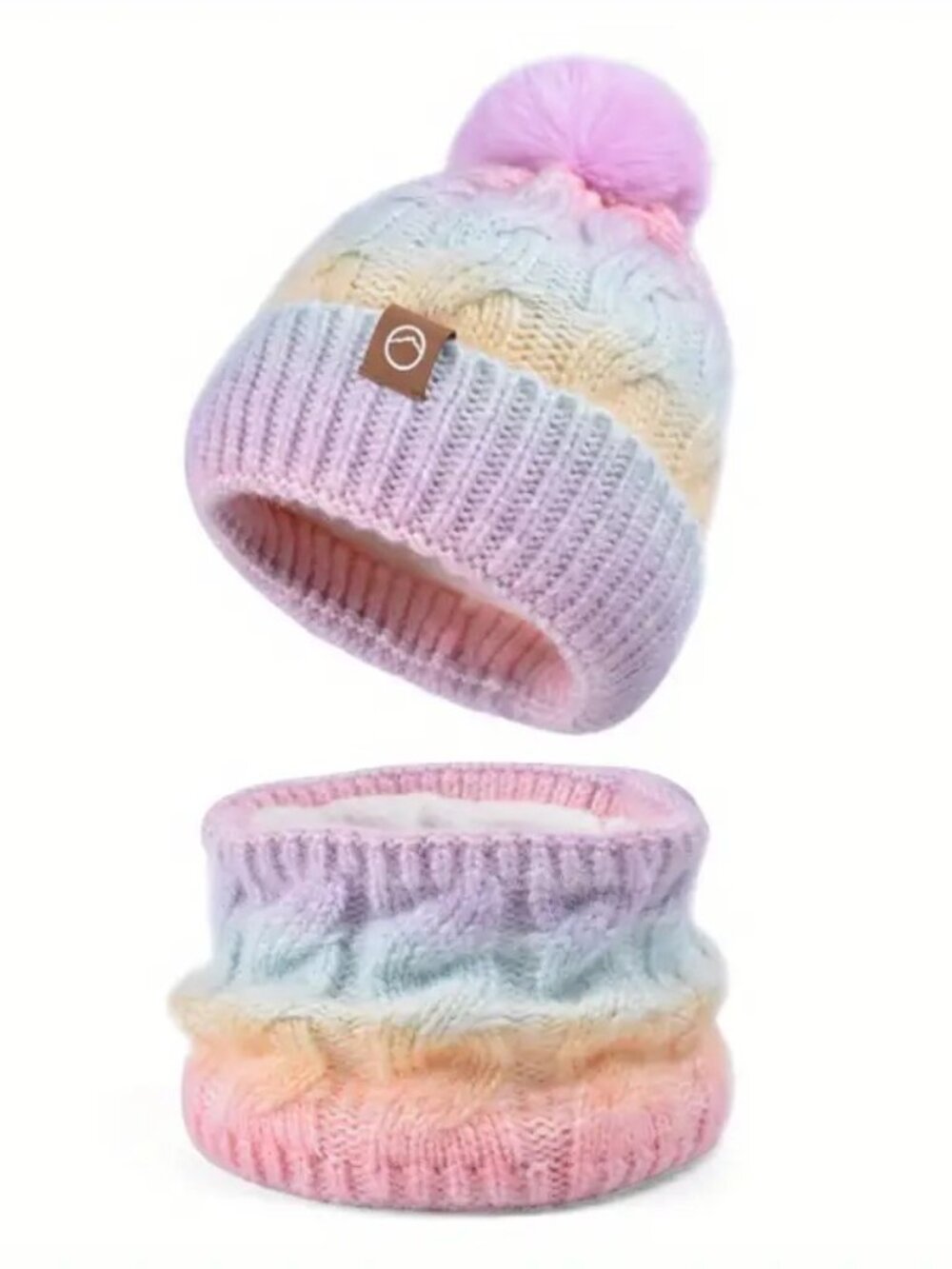 Onera Pastel Rainbow Gradient Knit Beanie with Pom Pom & Scarf Set